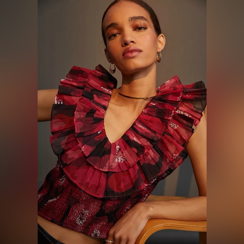 Anthropologie Ollari Ruffled Organza Blouse Red Multi Size Medium NWT